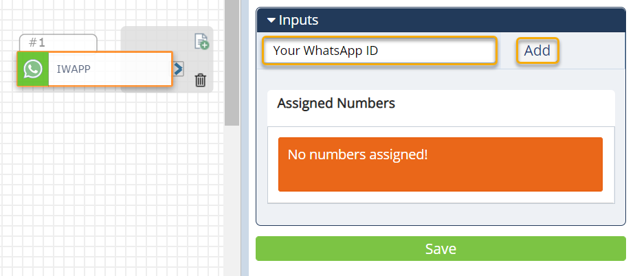 On the left the Inbound WhatsApp action is selected on the board, and on the Configurations Panel on the right the WhatsApp ID field and Add button are highlighted